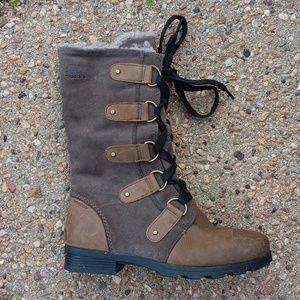 Sorel Emilie lace up brown leather fleece lined boots Women's 8
